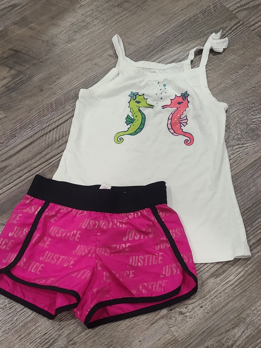 White Seahorse Tank Top with Pink Justice Athletic Shorts Size 7